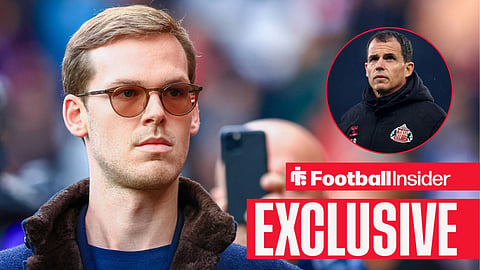 Sunderland owner Cyril Louis-Dreyfus is present during the Sky Bet Championship Third Round match between Sunderland and Bristol City at the Stadium Of Light in Sunderland, England, on December 10, 2024 / Sunderland manager Regis Le Bris looks on from the touchline at the Stadium of Light