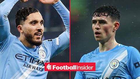 Man City midfielders Rayan Cherki and Phil Foden inset