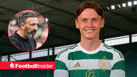 James Penrice in a photoshopped Celtic shirt and Derek McInnes on sideline shouting