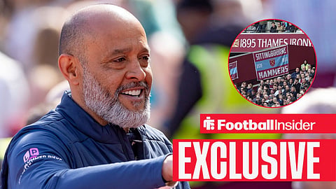 Football Insider exclusive as West Ham manager Nuno Espirito Santo smiles, while the fans watch from a circular inset.