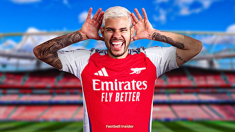 Newcastle United's Bruno Guimaraes celebrating in an Arsenal home kit at the Emirates Stadium