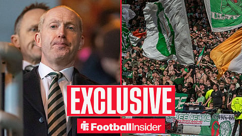 Football Insider exclusive as Celtic chief executive Michael Nicholson stares across a split image towards the fans.
