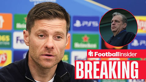 Chelsea manager Xabi Alonso sits in a press conference, while owner Todd Boehly watches from a circular inset.