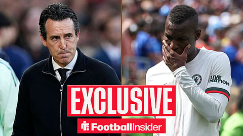 Football Insider exclusive as Aston Villa manager Unai Emery stares across a split image towards Chelsea striker Nicolas Jackson.