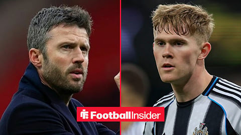 Michael Carrick on the sidelines, with Lewis Hall in action for Newcastle