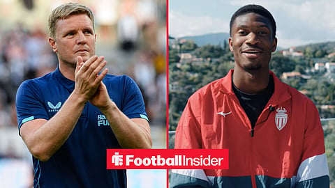 Eddie Howe applauding the Newcastle United supporters at St James' Park / Monaco's Aladji Bamba speaks in an interview during 2025-26 season