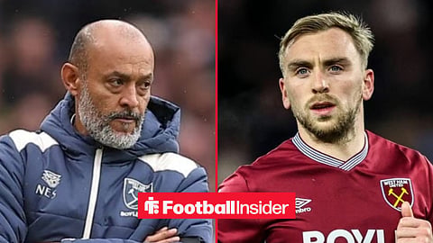 Nuno Espirito Santo on the sidelines at West Ham, with Jarrod Bowen in action