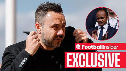 Football Insider exclusive as Tottenham manager Roberto De Zerbi adjusts his coat, while chief executive Vinai Venkatesham applauds in a circular inset.