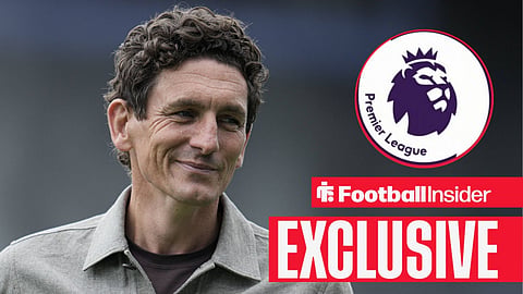 Football Insider exclusive as Brentford manager Keith Andrews stares towards the Premier League logo, which features in a circular inset.