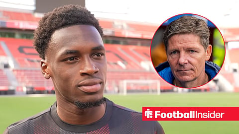 Bayer Leverkusen winger Ernest Poku with Nottingham Forest manager Oliver Glasner inset