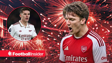 Christos Tzolis in Arsenal's 2026-27 home kit, surrounded by fireworks / Viktor Gyokeres of Arsenal during the AFC Bournemouth vs Arsenal Premier League match at the Vitality Stadium, Bournemouth
