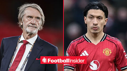Jim Ratcliffe in the stands, with Lisandro Martinez in action for Man United