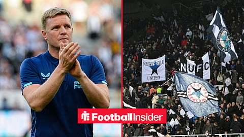 Newcastle manager Eddie Howe applauds, while the fans wave flags on the other side of a split image.