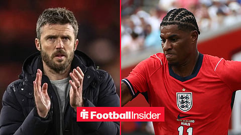 Michael Carrick applauding at Old Trafford, with Marcus Rashford in action for England