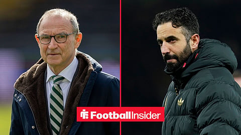 Celtic manager Martin O'Neill stares across a split image towards AC Milan boss Ruben Amorim.
