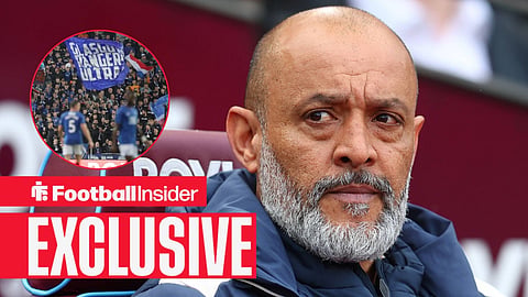 Football Insider exclusive as West Ham manager Nuno Espirito Santo stares towards Rangers fans, who wave flags in a circular inset.