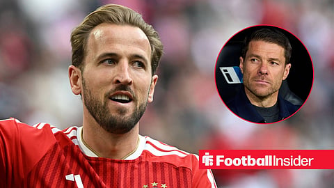 Harry Kane celebrating a goal with Xabi Alonso on bench right inset