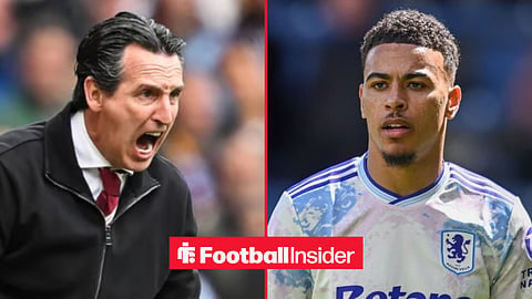 Unai Emery screaming on the sidelines, with Morgan Rogers in action for Aston Villa