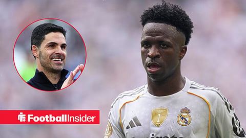 Vinicius Junior in action for Real Madrid with Mikel Arteta left inset clapping fans