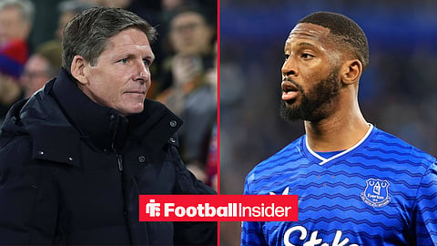 Nottingham Forest manager Oliver Glasner stares across a split image towards Everton striker Beto.