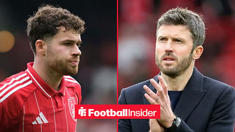 Neco Williams in action for Nottingham Forest, with Michael Carrick applauding at Man United