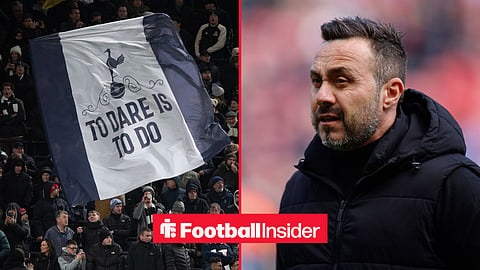 Tottenham fans wave a giant flag in the stands, while manager Roberto De Zerbi watches from the other side of a split image.