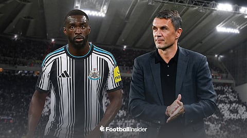 AC Milan defender Fikayo Tomori edited in a Newcastle shirt next to Paolo Maldini rubbing his hands 