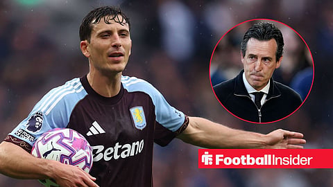 Aston Villa defender Pau Torres holds the ball during a game, while manager Unai Emery watches from a circular inset.