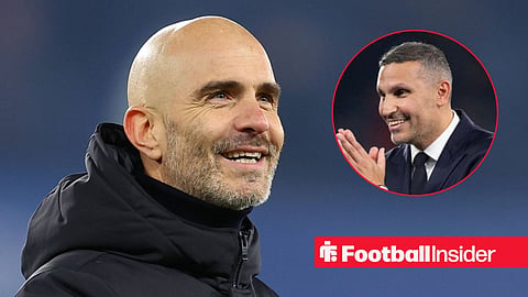 Enzo Maresca smiling on the sidelines, with Khaldoon Al Mubarak in a circular inset