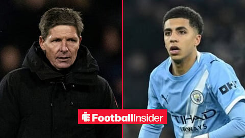 Oliver Glasner on the sidelines, with Rico Lewis in action for Man City