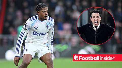Aston Villa winger Leon Bailey in action during a game, while manager Unai Emery shouts in a circular inset.