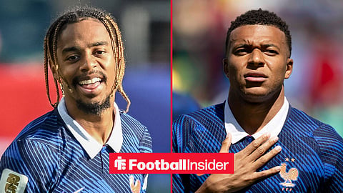 PSG attacker Bradley Barcola smiles while playing for France with Real Madrid attacker Kylian Mbappe inset while playing for France