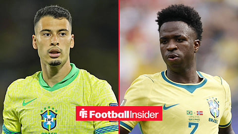 Arsenal winger Gabriel Martinelli with Real Madrid winger Vincius Junior inset, both playing for Brazil