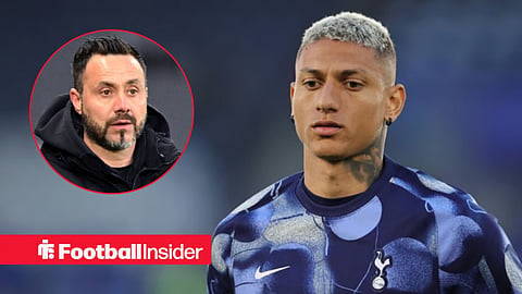 Richarlison in training for Tottenham, with Roberto De Zerbi in a circular inset
