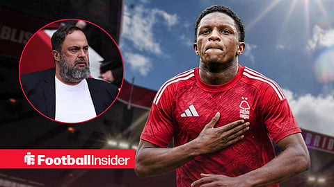 Givairo Read in action in a Nottingham Forest shirt, while owner Evangelos Marinakis watches from a circular inset.