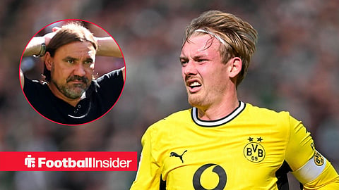 Julian Brandt in action for Borussia Dortmund, with Daniel Farke in a circular inset