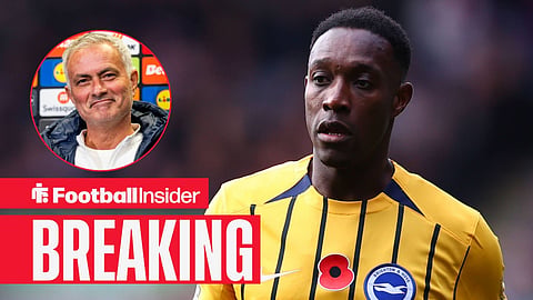 Brighton striker Danny Welbeck in action, as Chelsea icon Jose Mourinho smiles in a circular inset.