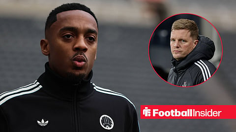 Newcastle midfielder Joe Willock stares towards manager Eddie Howe, who watches from a circular inset.