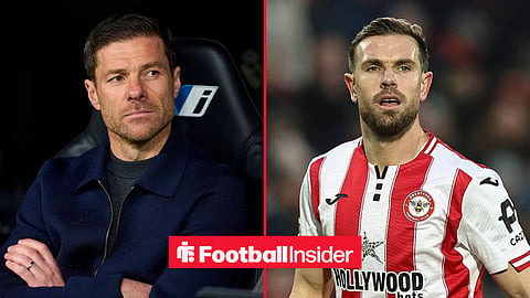 Xabi Alonso in dugout on left and Jordan Henderson playing for Brentford on right