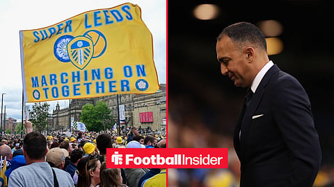 Leeds fans wave flags in the streets, as chairman Paraag Marathe stares at the floor on the other side of a split image.