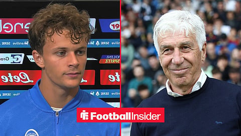 Giorgio Scalvini being interviewed with Gian Piero Gasperini on sidelines at a game