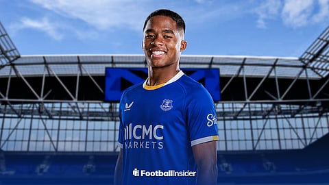 Real Madrid's Endrick in Everton's 2026-27 home shirt at the Hill Dickinson Stadium