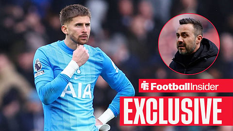 Football Insider exclusive as Tottenham goalkeeper Guglielmo Vicario scratches his face, while manager Roberto De Zerbi watches from a circular inset.