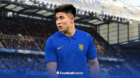 Dastan Satpayev in the 2026-27 Chelsea home kit at Stamford Bridge