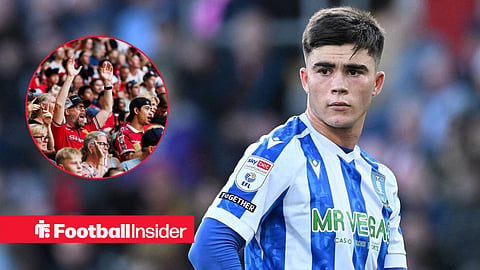 Harry Amass in action for Sheffield Wednesday with Man United fans shouting in stand left inset