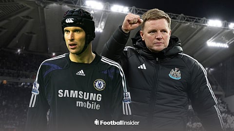 Chelsea's Petr Cech standing next to Newcastle United boss Eddie Howe at St James' Park