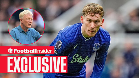 Football Insider exclusive as Everton midfielder James Garner stares towards manager David Moyes, who looks concerned in a circular inset.