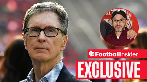 Football Insider exclusive as Liverpool owner John Henry stares towards FSG president Mike Gordon, who watches from a circular inset.
