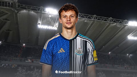 Atalanta's Giorgio Scalvini in a 50-50 Italy and Newcastle United shirt at St James' Park