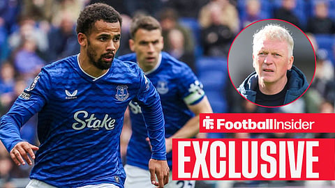 Football Insider exclusive as Everton winger Iliman Ndiaye is in action, while manager David Moyes looks concerned in a circular inset.